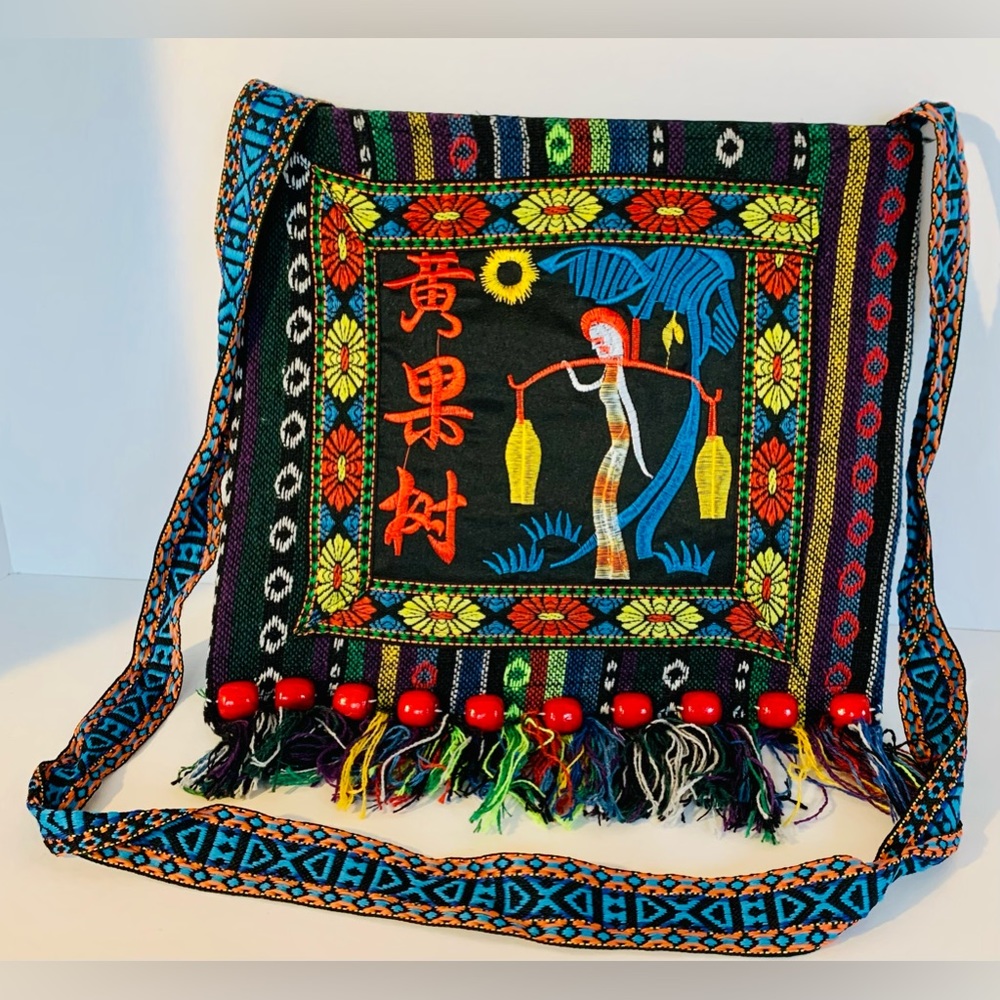 Hippie Boho Oriental Art Crossbody Purse Bag Fringe Beads Zip Up